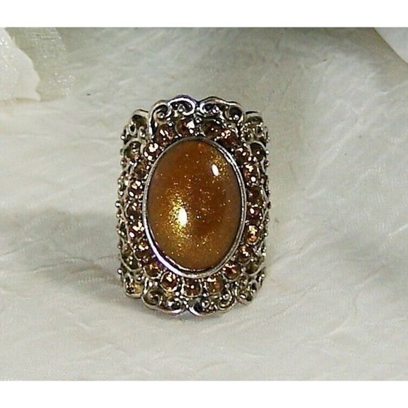 Goldstone Open Back Bezel Set Long Knuckle Ring Filigree Silver Over Copper Sz 6 - Picture 1 of 6